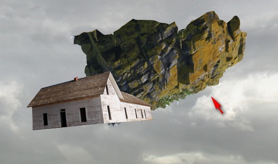 Сюрреалистичная картина с летающим домом